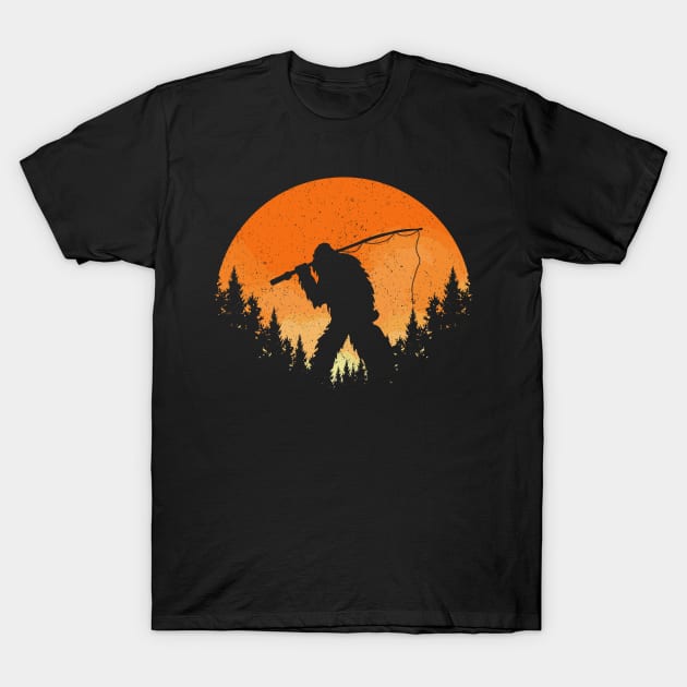 Sasquatch Fishing Sunset T-Shirt by Tesszero